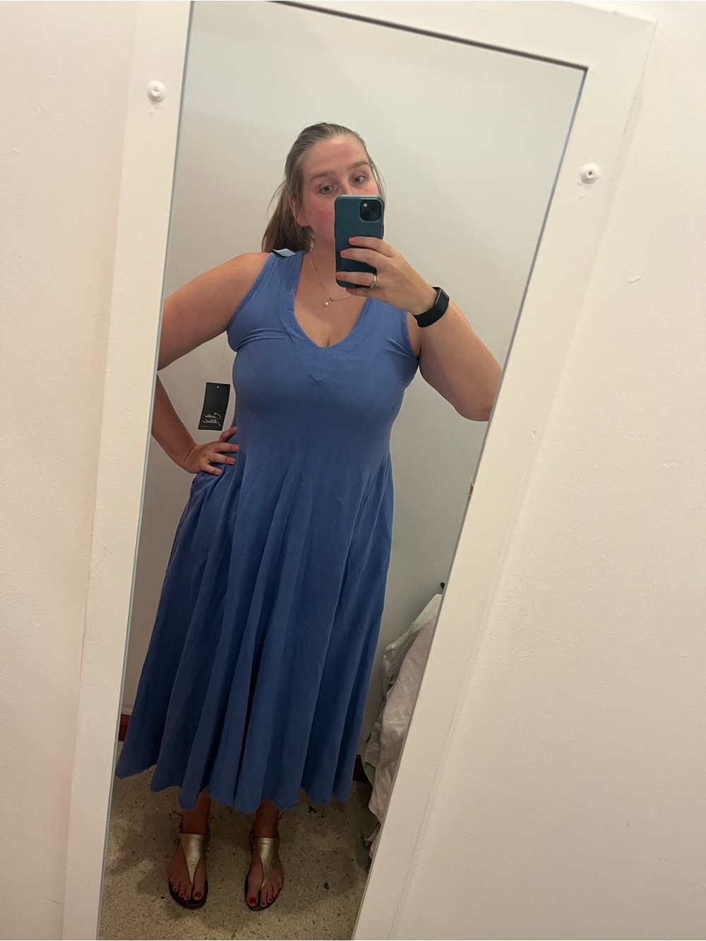 Sleeveless V-Neck Midi Dress in Dusty Blue-100% cotton NWT